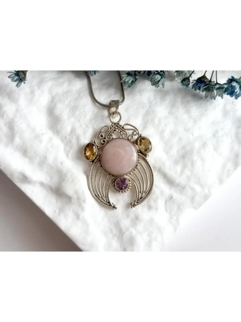 Rose Quartz Amethyst & Citrine Sterling Silver 925 Vintage Pendant Necklace 20